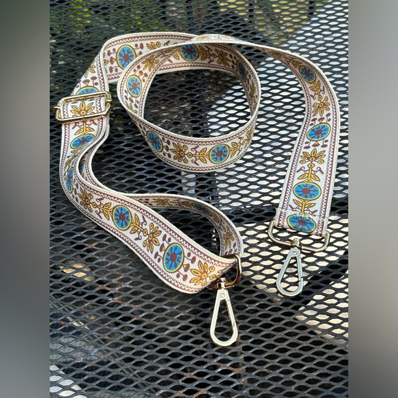 Crossbody Bag Strap In Cream with Blue And Gold. Gold hardware, 2 inches Wide. - Picture 2 of 8